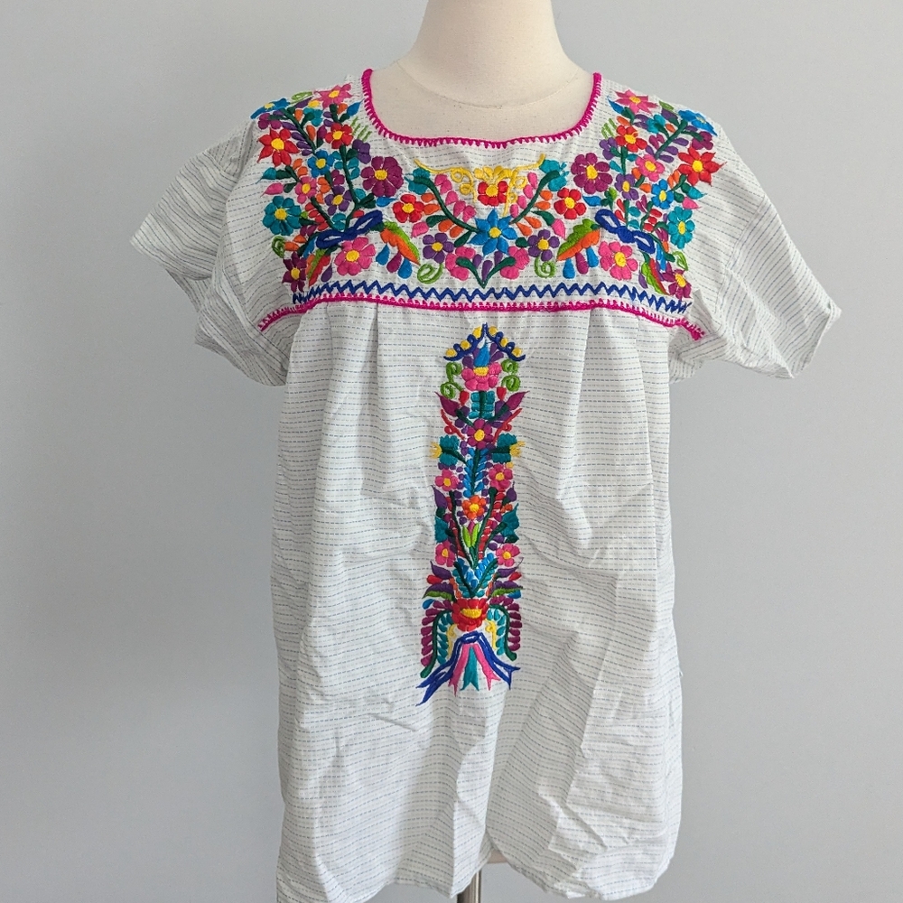 Women's Mexican Embroidered Blouse Rainbow Medium Pinstripe Top
